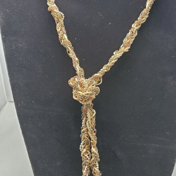 BKE knotted multi color necklace tassel gold-rose gold-cream white color chain - Picture 3 of 6